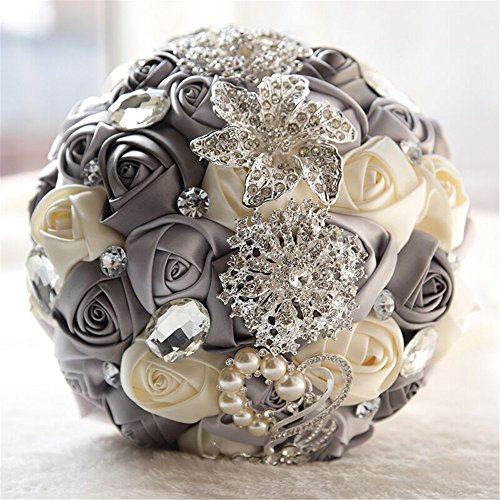 Fouriding Handgemachte Brosche Brautstrauß Braut Satin Rosen Blumen Strass Perlen Blumensträusse Hochzeit Strauß Künstliche Blumenstrauß künstlicher Rosenstrauß Dekoration (Creystal Grey+Creamy) von Fouriding