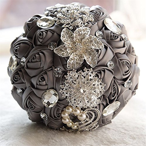 Fouriding Handgemachte Brosche Brautstrauß Braut Satin Rosen Blumen Strass Perlen Blumensträusse Hochzeit Strauß Künstliche Blumenstrauß künstlicher Rosenstrauß Dekoration (Creystal Grey) von Fouriding