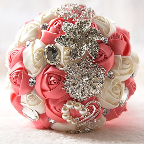 Fouriding Handgemachte Brosche Brautstrauß Braut Satin Rosen Blumen Strass Perlen Blumensträusse Hochzeit Strauß Künstliche Blumenstrauß künstlicher Rosenstrauß Dekoration (Watermelon Pink+ Creamy) von Fouriding