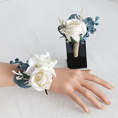 Fouriding Hochzeit Bouquet Vintage Style cremig weiß blau Rose Braut Braut künstliche Bouquet Brautjungfer Hochzeit Dekoration Sträuße (Corsage Handgelenk-Set) von Fouriding