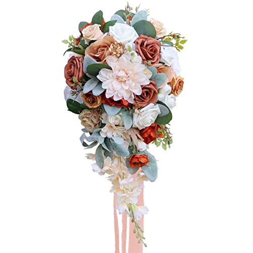 Fouriding Hochzeit Bouquet für Braut, Wasser Tropfen Wasserfall Braut künstliche Blumen Bouquet für Zeremonie Jahrestag Braut Dusche Party Hochzeit Dekoration (Champagner Orange) von Fouriding