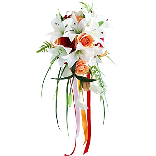 Fouriding Hochzeit Bouquet für Braut, Wasser Tropfen Wasserfall Braut künstliche Blumen Bouquet für Zeremonie Jahrestag Braut Dusche Party Hochzeit Dekoration (Lilien) von Fouriding