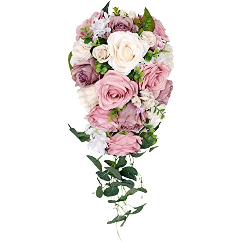 Fouriding Hochzeit Bouquet für Braut, Wasser Tropfen Wasserfall Braut künstliche Blumen Bouquet für Zeremonie Jahrestag Braut Dusche Party Hochzeit Dekoration (Lotuswurzel Rosen) von Fouriding