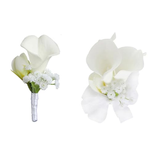 Fouriding Künstliche Weiße Calla Lily Boutonniere Handgelenk Blumen für Hochzeit Bräutigam Trauzeuge Braut Brautjungfer Corsage Anzug für Hochzeit Party Prom Event Zeremonie Jahrestag von Fouriding