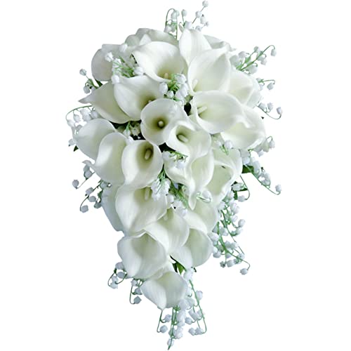 Fouriding Künstliche Weiße Calla Lily Hochzeit Bouquet,Calla Lily Braut Wassertropfen Bouquet Brautjungfer für Zeremonie Jahrestag Partei Braut Dusche Dekoration Hochzeit Sträuße von Fouriding