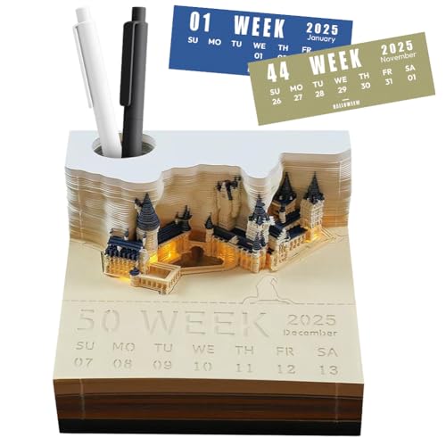 3D Kalender 2025 mit Licht und Stifthalter, Tischkalender-Notizblock, Magic Castle Wochenkalender, Kreatives Kalender Erinnerungsgeschenke von Fouvin