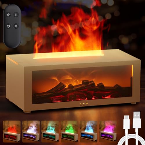 Flammen Aroma Diffuser,Diffuser Ätherische Öle mit 7-Farben-Licht,Luftbefeuchter Flame Diffuser mit Fernbedienung, Duftöl Diffuser mit Timer,Wasserlose Abschaltautomatik für Zuhause Büro Raumduft Yoga von Fouvin