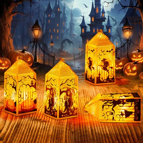 Fouvin Halloween Deko Licht, 4 Stück Halloween Innen Außen Laterne, LED Halloween Kürbis Laterne, Hexen Skelette Vogelscheuchen Deko Licht für Halloween,Weihnachten Party Deko (Inklusive Batterien) von Fouvin