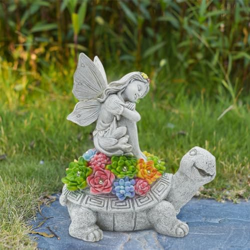 Fouvin Solar Gartenfiguren Schildkröte Gartendeko für Draußen, mit Sukkulenten und 7 LED Leuchten Home Balkon Dekoration, Figur Kawaii Geschenke für Frauen/Mama Deko für Zimmer Terrasse von Fouvin