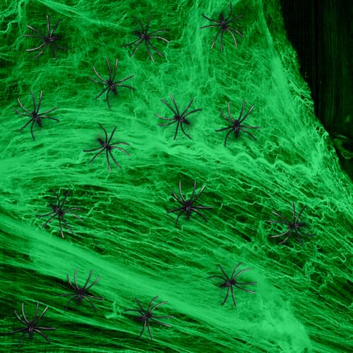 Halloween Deko Spinnennetz-Glow in The Dark, 200g Halloween Spinnennetz Dekoration Mit 30 Horror Schwarz Spinnen, Dehnbare Spiderweb gruselig Decoration von Fouvin