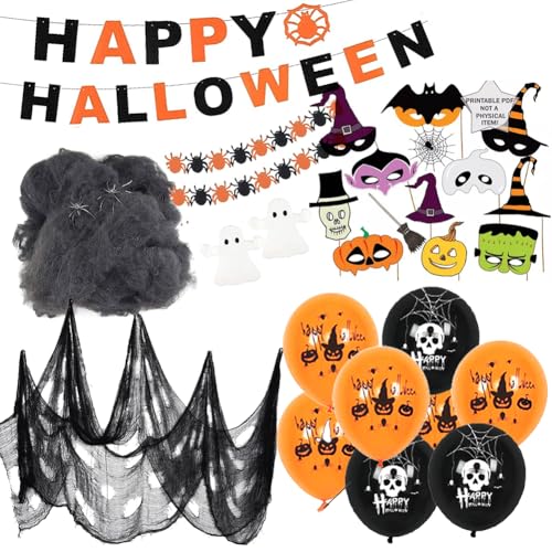 Halloween Dekorations Set, Halloween Girlande, Wimpelkette, Halloween Luftballon, Halloween Spinnennetz mit Spinnen, Halloween Geistern Indoor & Outdoor Halloween Dekoration von Fouvin