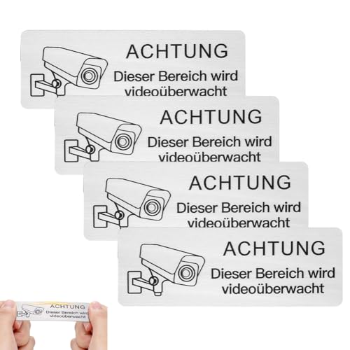 Schild Videoüberwachung 4stück Privatgrundstück 8.5x3cm Selbstklebend Aluminium Hinweisschild Videoüberwachung Warnschilder,Rostfrei Kamera überwachung Schild,Videoüberwachung Schild Klein" von Fouvin