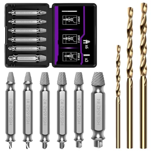 Schraubenausdreher Set Bit Set 9 Stück, Hergestellt aus HSS 6542, Härtegrad HRC 63-65, Linksausdreher Set mit 3 Spiralbohrer, Schrauben Ausdrehwerkzeug, Zum Bohren und Entfernen beschädigter Schrauben von Fouvin