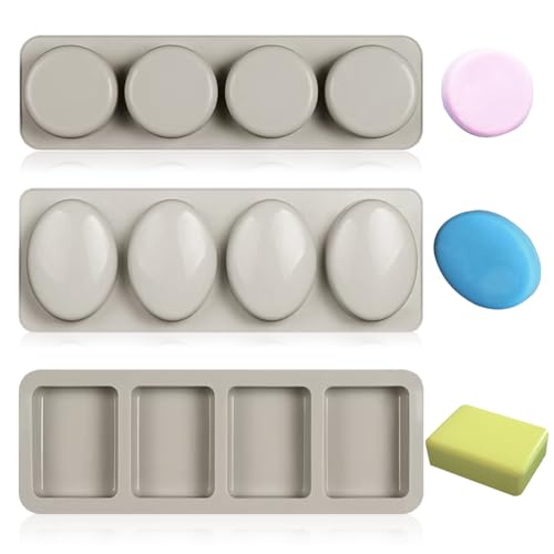 Seifenformen Silikon, 3er Set 4 Hohlräume Silikonformen für Seife, Silicone Mold Seifenform Silikonform Rechteckig Oval Rund für Seife, Kuchen, Kekse, Schokolade DIY Hausgemachte von Fouvin