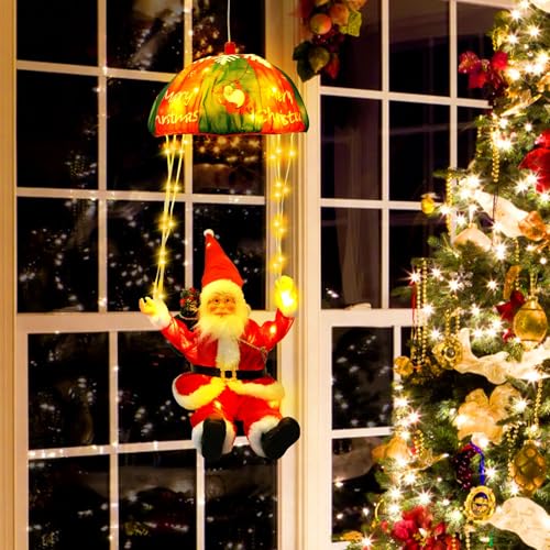 Weihnachtsmann Fallschirm Lichterkette, 8 Modi Weihnachtsbeleuchtung für Innen Außen mit Timer, Hängende 88LED Warmweiß Weihnachtsdeko mit Stecker Strom für Weihnachtsbäume, Geschenke, Fenster, Gärten von Fovendi