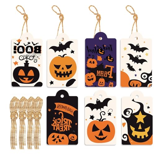 Foway Halloween-Themen-Tags, -Tags - 80 Stück Süßes oder Saures-Tags mit Schnur - -Fledermaus-Anhänger, 8 Stile, Halloween-Papieranhänger für Halloween- -Geschenk-Süßigkeitstüten von Foway