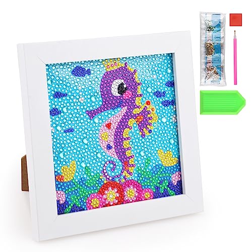 Fowecelt Diamond Painting Bilder Kinder: 5D DIY Diamond Painting Set Seepferdchen Bilder mit Steinen Kleben Mosaikherstellung Diamant Painting mit Rahmen für Kinder Mädchen Kunst Handwerk 18 X 18 cm von Fowecelt