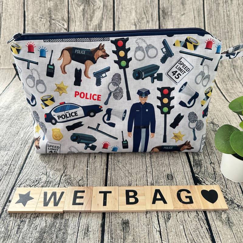 Wetbag Nasstasche Waschtasche Wechseltasche Wickeltasche Wechselkleidung Badetasche Schwimmtasche Kindergartenkind Kita Namensfeld Polizei von FoxFrogShop