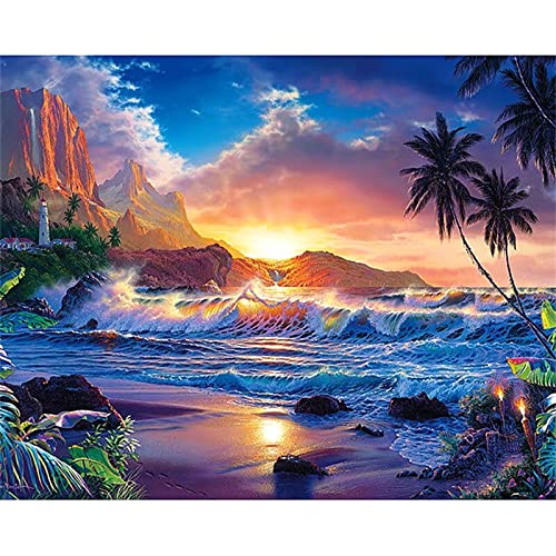 Foyaya 5D Diamond Painting Meer-Strand-Sonnenuntergang Diamant Painting Set DIY Daiments Painting Vollbohrer Kit Malen Nach Zahlen Erwachsene Kinder Büro Eingang Wand Wohnzimmer Dekoration 30x40cm von Foyaya