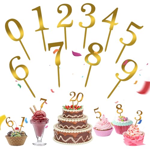 10 Stück Nummer Cake Topper Zahlen,0-9 Gold Kuchen Dekoration Geburtstag,Kuchenstecker Cupcake,Acryl Tortendeko Wiederverwendbar,Tortenaufsatz für Geburtstagsfeiern Jeden Alters Hochzeitsparty von Foyods