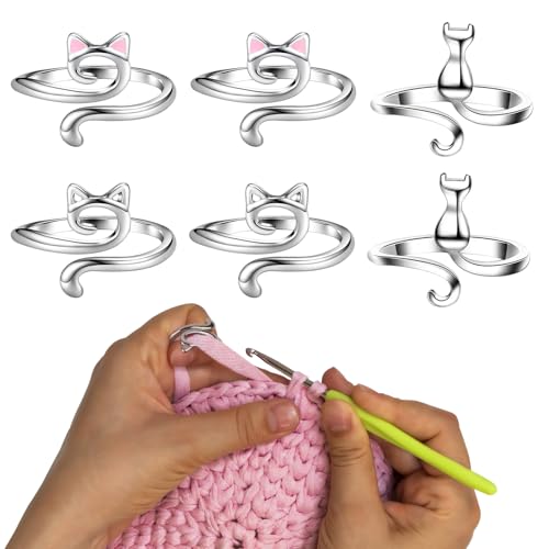 6 Pack Häkelring für Finger, einstellbarer Garnhalter Häkelspannring Stricken Häkeln Zubehör Offener Strick Fingerring für Mutter Oma Katzenform von Foyods