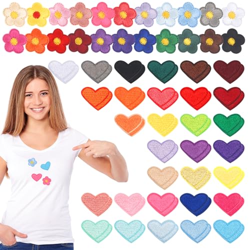 84PCS Aufbügelbare Aufnäher, darunter 62 herzförmige und 22 blumenförmige Aufnäher zum Aufbügeln, bestickte Aufnäher zum Reparieren von Kleidung, Kleidern, T-Shirts, Hüten, Jeans, DIY-Rucksäcken von Foyods