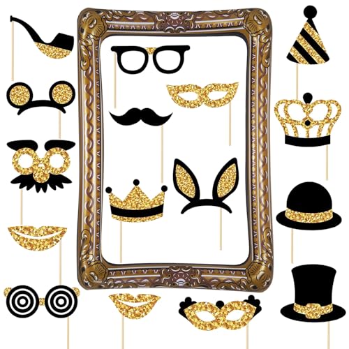 17 Stück Foto Requisiten Party Foto Booth Props Fotobox Accessoires Geburtstag, Aufblasbarer Fotorahmen, Geburtstags Party Zubehör mit Hut, Lippenstift, Kronen für Hochzeit, Halloween, Weihnachten von Fractoluxe