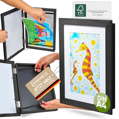 Frameables Bilderrahmen für Kinderzeichnungen, ECHTES HOLZ (DIN A4 und A3 GRößE), Bruchsicheres Acrylglas, Aufbewahrung & Befüllen von Bildern für Kunstgalerie (schwarz, A4)… von Frameables