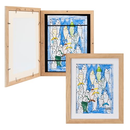 Framelane A4 Zeichenrahmen 2er Set, Rahmen für Kinder mit natürlichem Design, Staffelei, Clips, Magnetverschlüssen und Gummibändern zur Aufbewahrung von Zeichnungen, Eiche Natur von Framelane