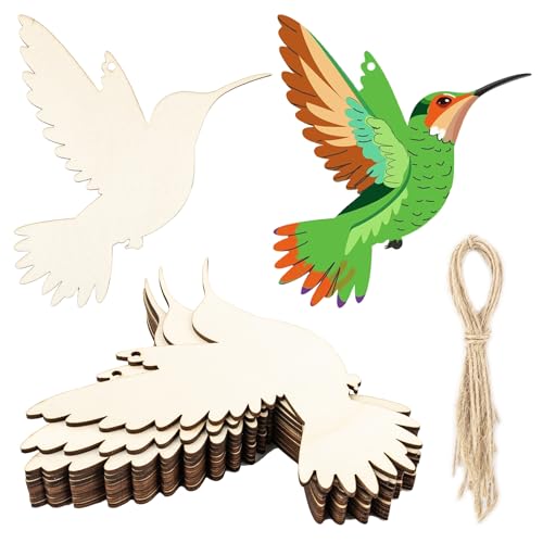 Framendino, 10 Stück Holz-Kolibri-Ausschnitte, unlackiert, Vogelform, blanko, Holzscheiben mit Bindfaden, zum Basteln, 15 cm von Framendino