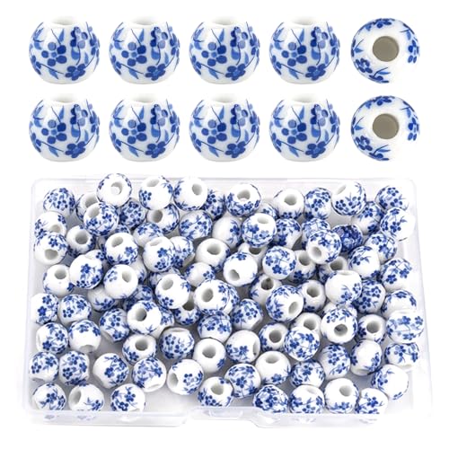 Framendino, 100 Stück blaue Blumen-bedruckte Abstandshalter aus Keramik, 8 mm, runde Porzellanperlen für Schmuckherstellung, Bastelbedarf, Basteln, Armbänder, Halsketten von Framendino