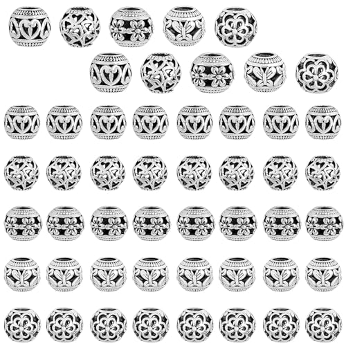 Framendino, 50 Silberperlen für Schmuckherstellung, Abstandshalter aus Metall, großes Loch, Abstandshalter, Edelstahl, 5 Stile von Framendino