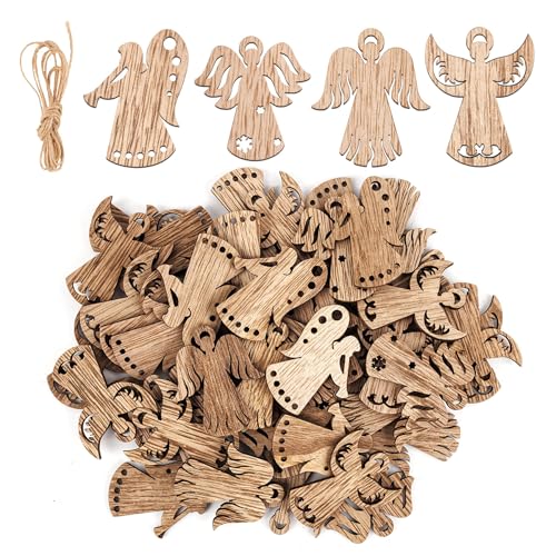 Framendino, 50 Stück Holz-Engel-Ausschnitte, Mini-Holzausschnitt, hängende Ornamente für Bastelarbeiten, Party-Dekoration, 5 x 4 cm von Framendino