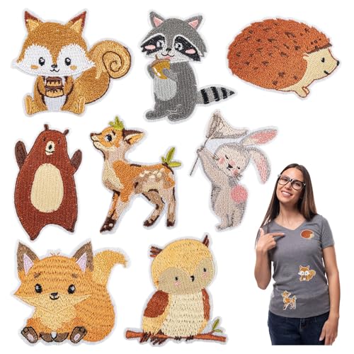 Framendino, 8 Stück Waldtier Bügelbilder Set Eichhörnchen Igel Waschbär Fuchs Nähen Patch Kaninchen Bär Hirsch Eule Applikation für DIY Kleidung von Framendino