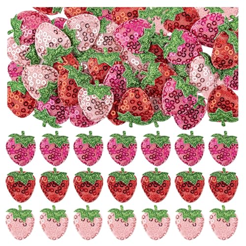 Framendino, 90 Stück Erdbeer-Aufnäher zum Aufbügeln, gepolsterte Pailletten, Erdbeeren, Rosa, Rot, Rose von Framendino