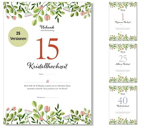 Frank Paperman® | 15 Hochzeitstag Geschenk | Ehejubiläum | Kristall Hochzeit Geschenk | Urkunde Hochzeitstag | floral | Geschenkideen Hochzeitstag | Vordruck im DIN-A4-Format von Frank Paperman