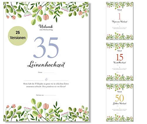 Frank Paperman® | 35. Hochzeitstag | Ehejubiläum | Leinenhochzeit | Urkunde Hochzeitstag | floral | Geschenkideen Hochzeitstag | Vordruck im DIN-A4-Format von Frank Paperman