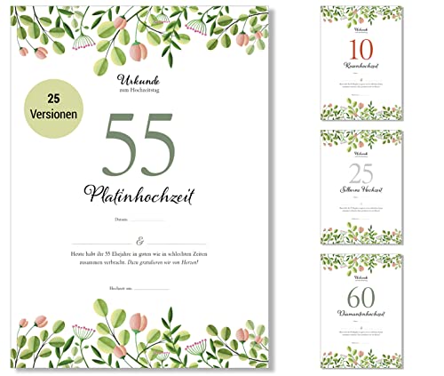 Frank Paperman® | 55 Hochzeitstag | Ehejubiläum | Platinhochzeit | Urkunde Hochzeitstag | floral | Geschenkideen Hochzeitstag | Vordruck im DIN-A4-Format von Frank Paperman