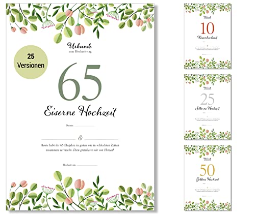 Frank Paperman® | 65. Hochzeitstag | Ehejubiläum | eiserne Hochzeit | Urkunde Hochzeitstag | floral | Geschenkideen Hochzeitstag | Vordruck im DIN-A4-Format von Frank Paperman