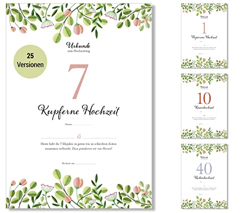 Frank Paperman® | 7. Hochzeitstag Geschenk | Ehejubiläum | kupferne Hochzeit | Urkunde Hochzeitstag | floral | Geschenkideen Hochzeitstag | Vordruck im DIN-A4-Format von Frank Paperman