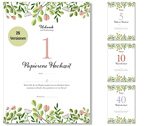 Frank Paperman® | Geschenk zum 1. Hochzeitstag | Ehejubiläum | Papier Hochzeit | Urkunde Hochzeitstag | floral | Geschenk zum Hochzeitstag | Vordruck im DIN-A4-Format von Frank Paperman