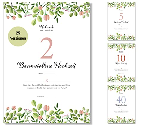 Frank Paperman® | Geschenk zum 2. Hochzeitstag | Ehejubiläum | Geschenke zur Baumwollhochzeit | Urkunde Hochzeitstag | floral | Geschenkideen Hochzeitstag | Vordruck im DIN-A4-Format von Frank Paperman