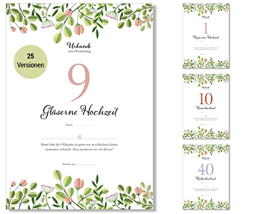 Frank Paperman® | Geschenk zum 9 Hochzeitstag | Ehejubiläum | Keramik Hochzeitstag | Urkunde Hochzeitstag | floral | Geschenkideen Hochzeitstag | Vordruck im DIN-A4-Format von Frank Paperman