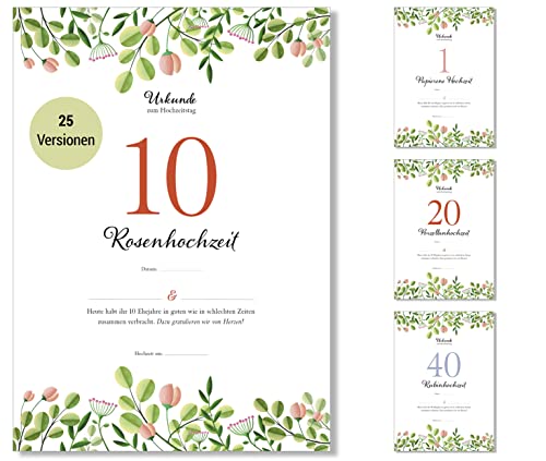 Frank Paperman® | Geschenke zum 10 Hochzeitstag | Ehejubiläum | Rosenhochzeit | Hölzerne Hochzeit Geschenk | Urkunde Hochzeitstag | floral | Geschenkideen Hochzeitstag | Vordruck im DIN-A4-Format von Frank Paperman