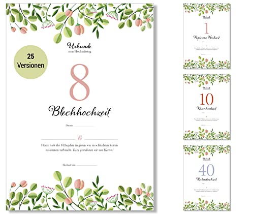 Frank Paperman® | Geschenke zum 8 Hochzeitstag | Ehejubiläum | Blechhochzeit | Urkunde Hochzeitstag | floral | Geschenkideen Hochzeitstag | Vordruck im DIN-A4-Format von Frank Paperman