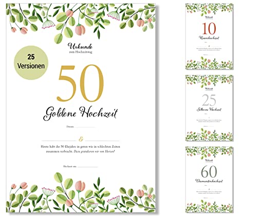 Frank Paperman® | Goldene Hochzeit Geschenke | Ehejubiläum | Urkunde goldene Hochzeit 50 | floral | Geschenk zum Hochzeitstag | Vordruck im DIN-A4-Format von Frank Paperman