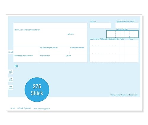 Frank Paperman® | Privatrezepte blau für Ärzte | 275 Blätter | ungeblockter Rezeptblock | im DIN-A6-Format | PZN Feld | auch ärztliches Attest genannt von Frank Paperman