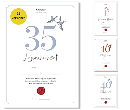 Frank Paperman® Geschenk zum 35. Hochzeitstag – Urkunde mit ansprechender Optik im DIN-A4-Format B: 21 cm H: 29,7 cm – mit abgestimmtem Design auf das Jahr und Bezeichnung des Jubiläums von Frank Paperman