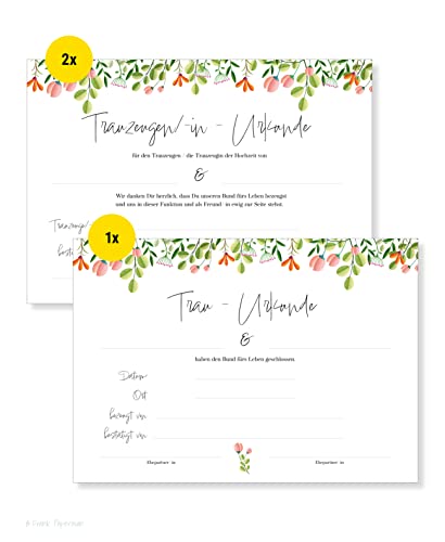 Frank Paperman® | 2x Urkunde Trauzeuge + 1x Ehepaar | 3er Set | florales Design | Karte Hochzeit | Vordruck im DIN-A4-Format | orginelle Hochzeitsgeschenke | danke Trauzeuge | Hochzeit Überraschung von Frank Paperman