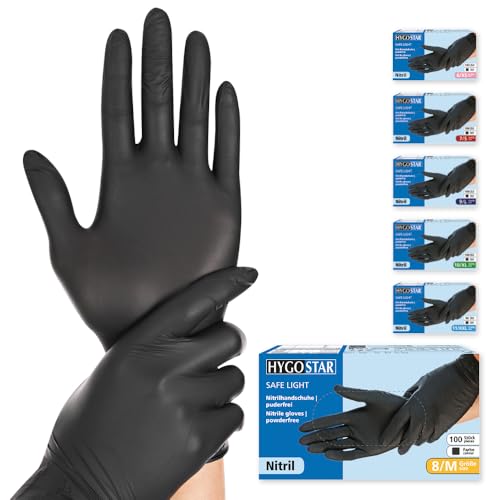 FRANZ MENSCH Hygostar Nitrilhandschuhe Safe Light | puderfrei, schwarz, 8/M, 24cm, 100 Stück, Einweghandschuhe, Einmalhandschuhe, in Gr. XS, S, M, L, XL & XXL verfügbar von FRANZ MENSCH